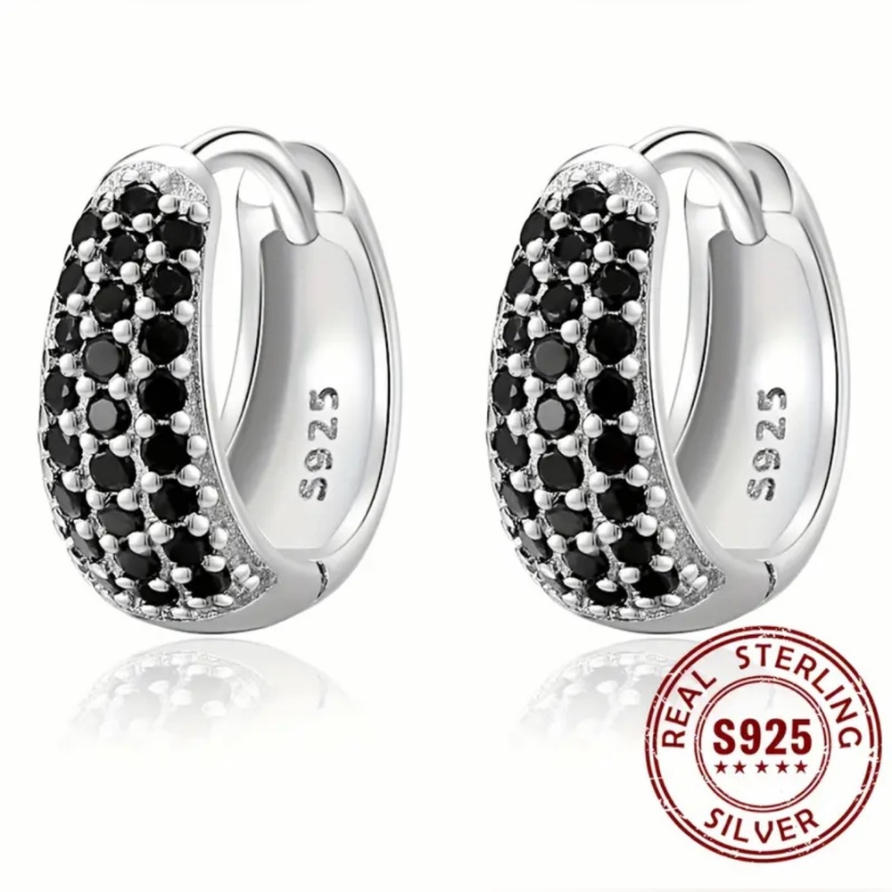 New 925 Sterling Silver Black Zircon Decor Hoop Earrings Vintage